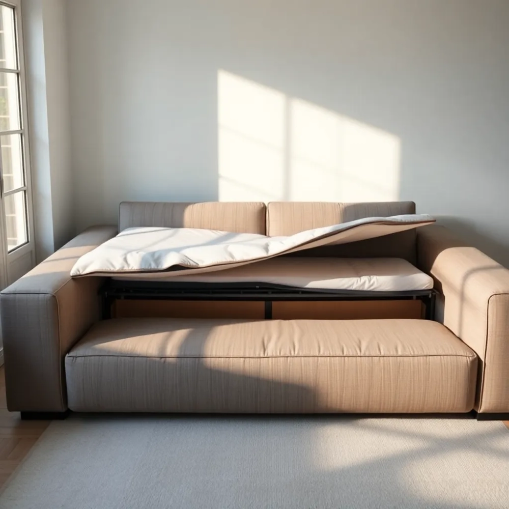 Sofa z funkcją spania codziennego z materacem i pojemnikiem na pościel